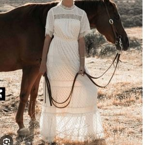 Bohme Lace Tiered Quincy Maxi Dress Solid Brown Dot Pattern Size Large